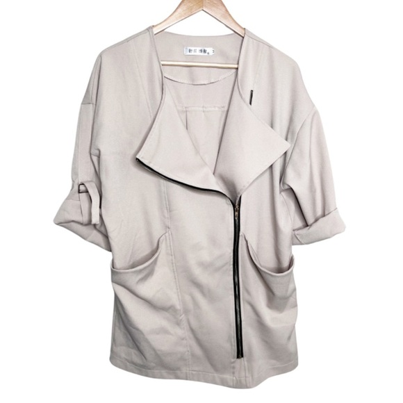 3/4 Sleeve Tan Solid Color Wide Collar Relaxed Duster Trench Coat Suit Jacket - Picture 3 of 16